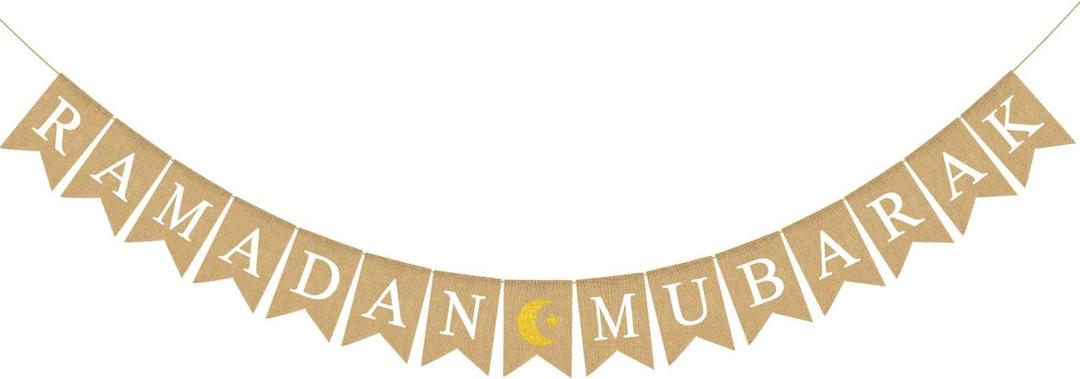 Jute Burlap Ramadan Mubarak Banner with Moon and Star Mantel Fireplace Decoration