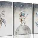 3 Pcs Space Nursery Canvas Wall Art Whimsical Outer Space Astronauts Kid Painting Pictures Wall Decor Poster Print Artwork for Boys Room Girls Room Kids Room Decoration, 24L"x16W"