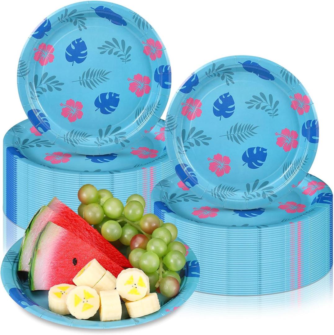 Zhehao 50 Pcs Birthday Party Plates 9 Inch Blue Cartoon Theme Disposable Paper Plates Tropical Hawaii Party Decorations for Summer Holiday