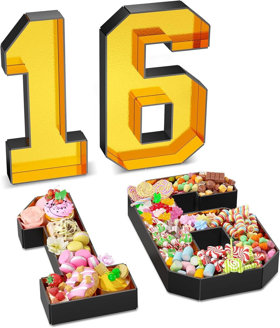 Paready 13.78'' Fillable Cardboard Number 16 for Charcuterie, Gold Black Number 16 Tray, Food Fillable Numbers 16 Box Flower Candy Cupcakes Container for 16th Anniversary Birthday Party Decoration