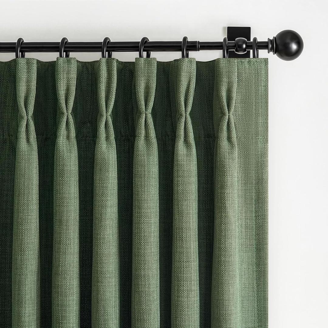 Olive Green Pinch Pleated Dual Layer Linen Curtains 40 x 84 Inches Long for Bedroom, Full Blackout Memory Trained Soundproof Heat Blocking Loden Farmhouse Windows Drapes for Dining Room 7 FT Length  Loden, 40"W x 84"L (Pack of 2)