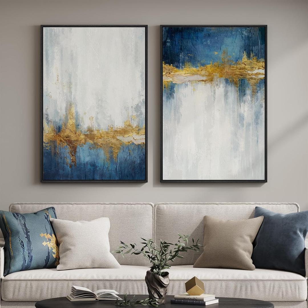 Framed Blue and White Abstract Wall Art for Living Room, Set of 2 Large Gold Modern Luxury Canvas Artwork for Walls, Contemporary Minimalist Painting Print Wall Decor for Bedroom Office, 24x36 Inch