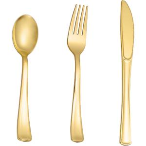 N9R 500PCS Gold Plastic Silverware - Gold Plastic Cutlery Set Disposable Flatware Dinnerware -200 Forks, 150 Spoons, 150 Knives for Party, Birthday, Wedding Utensils