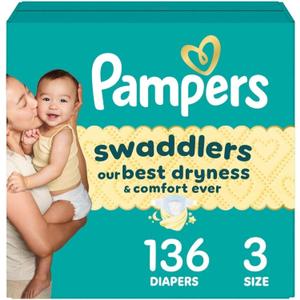 Pampers Swaddlers Diapers, Size 3 (13-26 lbs), 136 Count, Absorbent, Keeps Baby Dry and Comfortable, Skin Safe Disposable Baby Diaper 