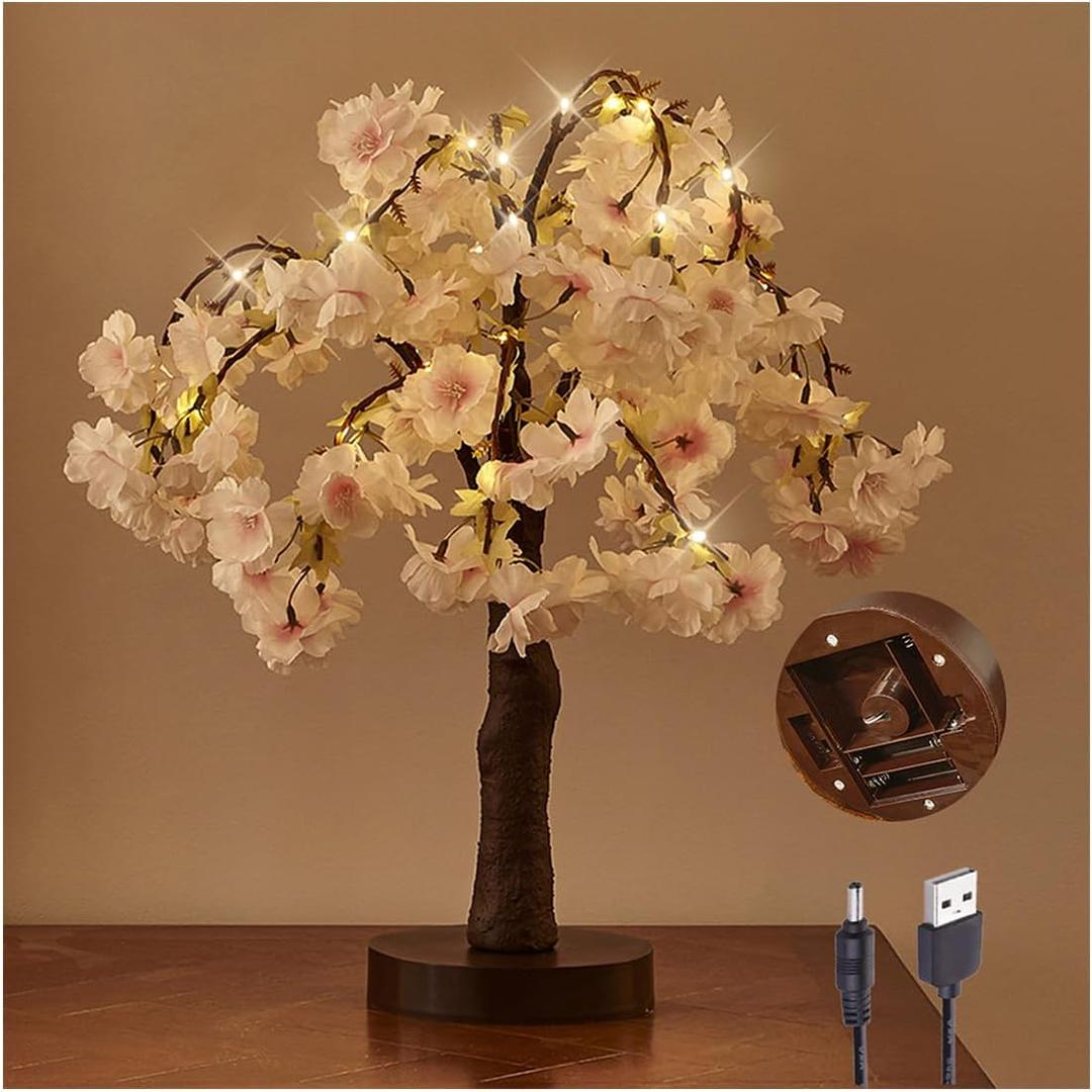Hairui Lighted Cherry Blossom Tree Battery Operated 18IN 40 Warm White LED Artifical Bonsai Tree with Timer USB Plug for Wedding Party Spring Christmas Home Decoration (Pink)