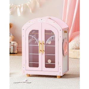 ROBUD Wooden Baby Doll Closet, Doll Wardrobe Closet for 18 Inch Dolls with Mirror, 3 Hangers, Pink Ballet Style Baby Doll Furniture, Doll Pack and Play Gift for Boys & Girls 3+ Years