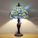 Tiffany Table Lamp for Living Room Blue Phoenix Tail Stained Glass Table Lamps for Bedroom Hand-Made 3 Color Temperature Bedside Nightstand Lamp Home Office Desk Lamp 10X10X17Inch W/LED Bulb