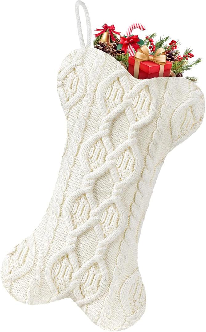 Dog Christmas Stocking, Knit White Dog Bone Shape Christmas Stockings, 18.5 Inches Large Pet Hanging Christmas Stockings for Dogs Puppys Pets
