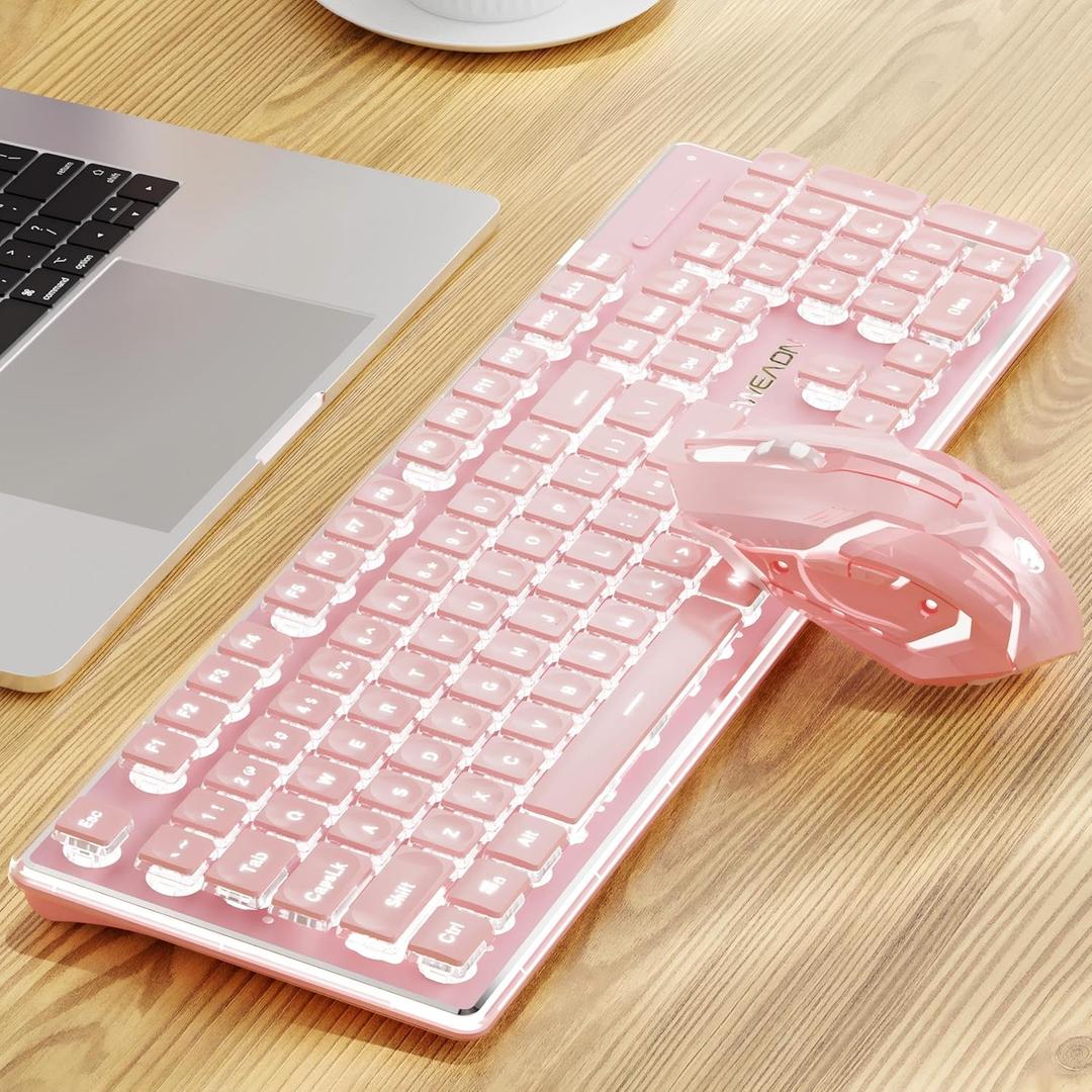 V3 Wireless Keyboard and Mouse with Single Backlit, Metal Panel, Bluetooth/2.4G Rechargeable Computer Keyboard and Mouse Combo Silent Lighted Full Size Cute Keyboards-Pink