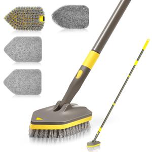NEWE Shower Cleaner Brush, Tub Tile Scrubber with Telescopic Long Handle 56 inches, 4 Scrub Heads for Cleaning Bathroom Bathtub Floor Baseboard Sink Kitchen Toilet (Brown Yellow)