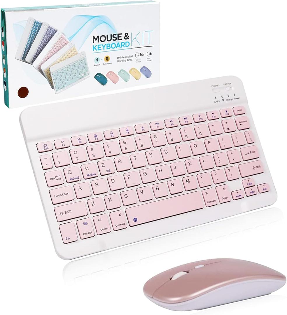 Bluetooth Keyboard and Mouse Combo,Ultra Slim Rechargeable Portable Wireless Keyboard Mouse Set Compact for Android Windows Tablet Cell Phone iPhone iPad Computer Desktop PC Laptop(Pink)