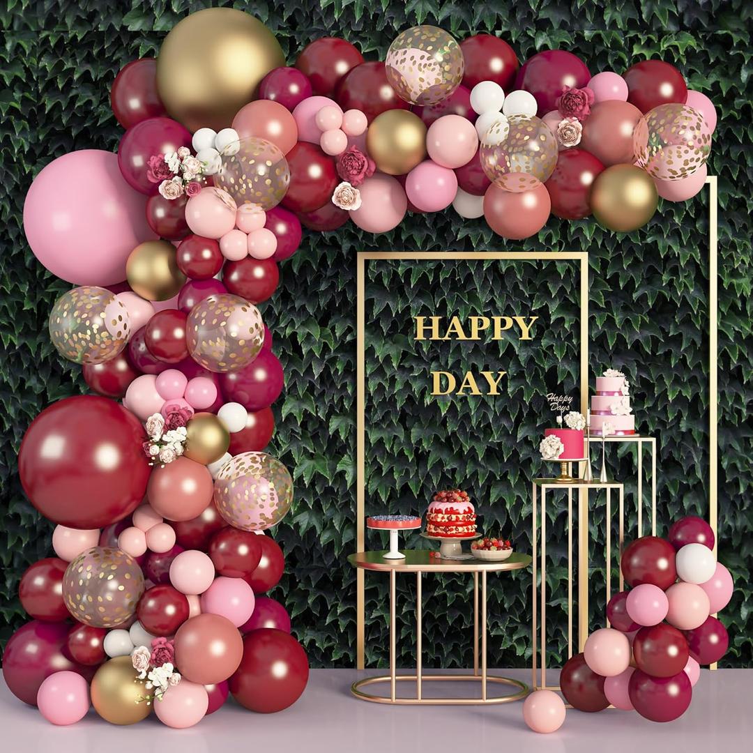 Amandir 162Pcs Burgundy Balloon Garland Arch Kit, Light Pink White Maroon Balloons Confetti Latex Metallic Gold Balloons for Valentines Birthday Bridal Shower Wedding Graduation Party Decorations