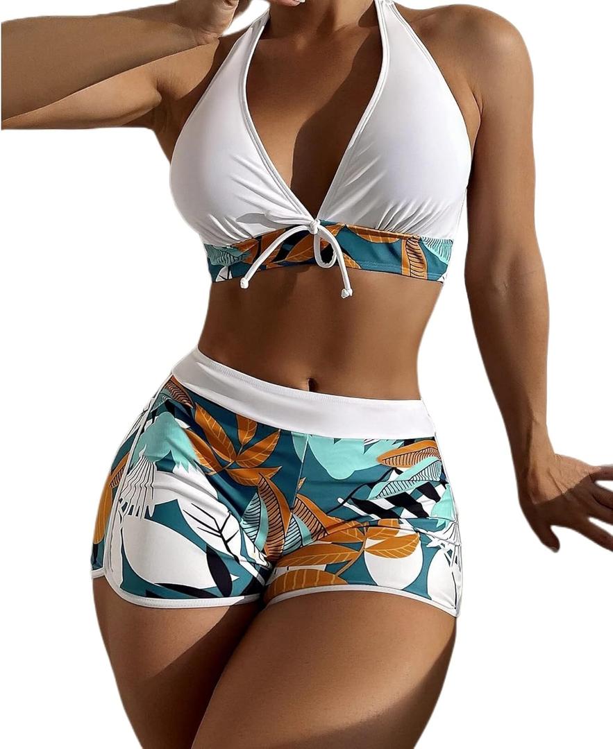 Women Two Piece Swimsuit Bathing Suits Floral Tropical High Waisted Beachwear Board Shorts Halter Tops (Large, White)
