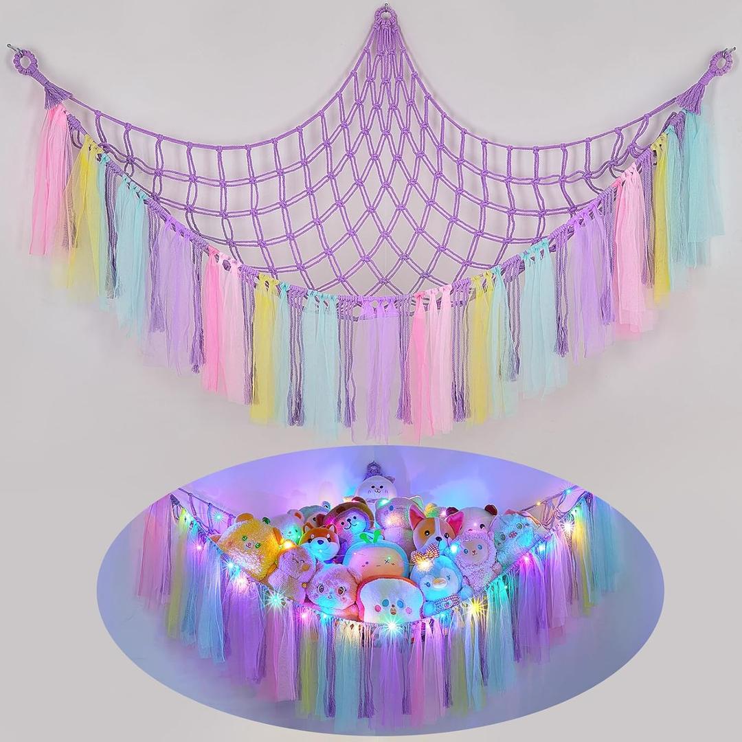 FIOBEE Stuffed Animals Net or Hammock with LED Light, Toy Hammock Hanging Stuffed Animals Storage Organizer Holder Room Dcor for Nursery Kids Bedroom (L (39"*39"*59"))