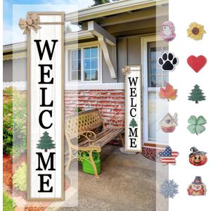 Interchangeable Welcome Sign for Front Door Standing, 45"X9" with 12 Pcs Replaceable Icons Rustic Outdoor Tall Front Porch Farmhouse Outside Wreath Leaner Vertical Decor (Wood)
