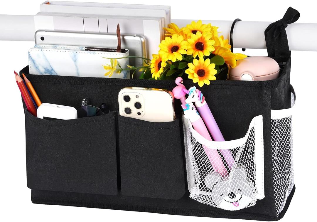 Loghot Bedside Caddy/ Bedside Storage Bag Hanging Organizer for Bunk and Hospital Beds, Dorm Rooms Bed Rails, Can be Placed Glasses, Books, Mobile Phones, Keys (Black)