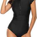Wolddress Women Modest One Piece Bathing Suit Short Sleeve Tummy Control Swimsuit Zipper Surfing Athletic Rash Guard, M