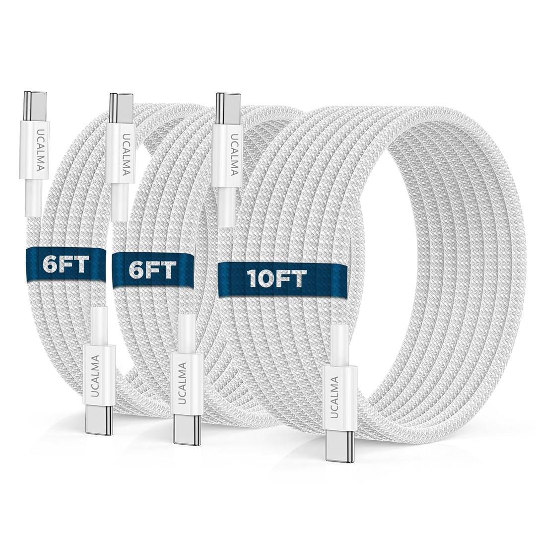 UCALMA USB C to USB C Cable [6FT+6FT+10FT] 3Pack 60W Long iPhone 17 16 15 Charger Cord Type C to C Cable Fast Charging for Apple iPhone 17 16 15 Pro Max Plus/MacBook Air/iPad Air/Samsung Galaxy (White)