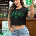 Women's St Patricks Day Irish Lucky Clover Crewneck Crop Top Short Sleeve Funny Holiday Novelty Shirt L (L)