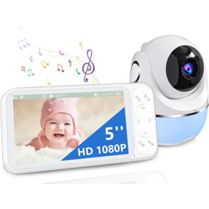 1080P No WiFi Baby Monitor with Camera and Audio, 5'' Screen 32-Hour 5000mAh Battery, 4X Zoom, Night Vision, 2-Way Talk, 8 Lullabies, 1200ft Long Range (White)