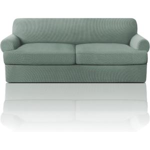 PrinceDeco T Cushion Sofa Slipcover 3 Pieces Sofa Covers for T Cushion Couch Soft Couch Covers Sofa Slip Cover Furniture Covers with 2 Individual T Shape Seat Covers Width Up to 90", Sage