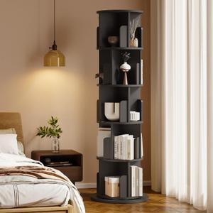 MXV Rotating Bookshelf, 360 Display 5 Tier, Small Corner Bookshelf for Small Space, Floor Standing Bookcase Storage Rack, Wood Narrow Book Shelf Organizer for Bedroom, Living Room, Black