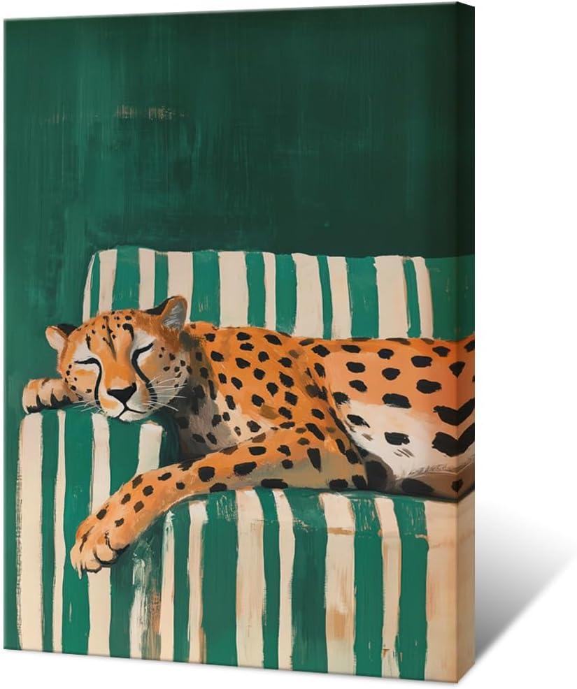 Maximalist Cheetah Wall Art Vintage Emerald Green Decor Poster Funny Sleepy Leopard Canvas Print Trendy Animal Pictures Aesthetics College Dorm Living Room Apartment 16x24 Inch Framed