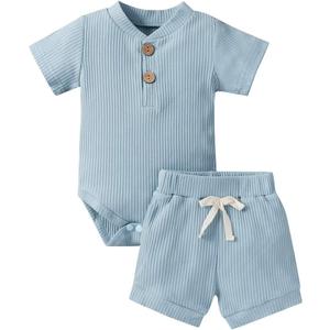 Ledy Champswiin Summer Newborn Baby Boy Girl Clothes Set Ribbed Outfits Unisex Infant Solid Short Sleeve Tops Shorts 2PCS (12-18 Months)