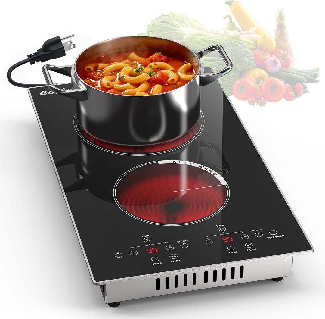 2 Burner Electric Cooktop - 110v Countertop and Built-in Electric Stove 2000W, 12 Inch Ceramic Stove with Residual Heat Indicator, Over-Temperature Protection, Knob Control, 110-120V Plug in, 12 Inch Plug Touch