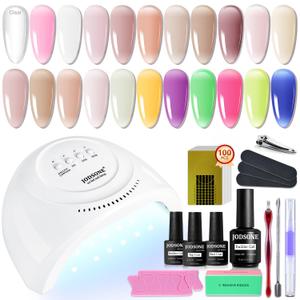 JODSONE Builder Gel Nail Kit with U V Light Base Top Coat 21 Colors High Shine Builder Gel and 100 PCS Extension Stickers (20color-BG-kit)