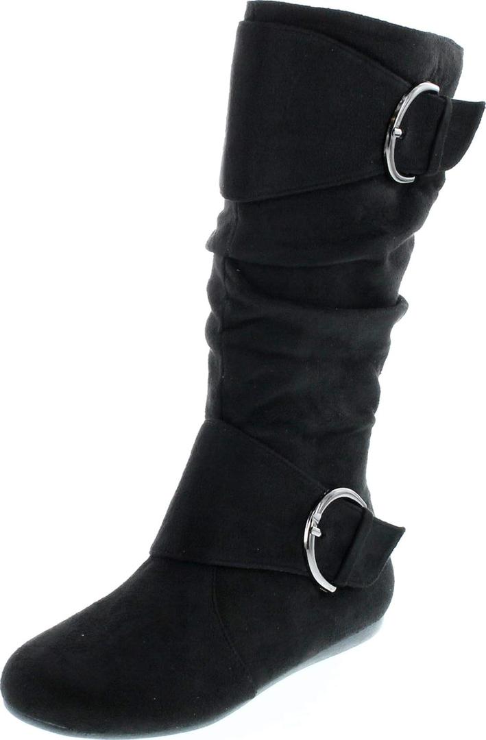 Forever Link Women's Klein-70 Closed Round Toe Buckle Slouch Flat Heel Mid-Calf Boot (9, Black)