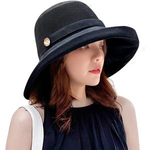 Women Wide Brim Sun Hats Metal Wired Edge Summer UV Protection Beach Fishing Hat for Hiking Garden Travel Chin Strap (One Size, B2-fyu001-black)