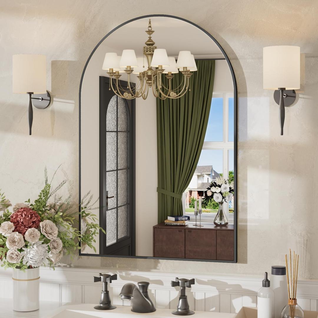 24x32 Inch Arched Bathroom Mirror, Wall Mounted Arch Vanity Mirror for Over Sink, Tempered Glass, Black Aluminum Frame, for Bathroom Bedroom Entryway Living Room