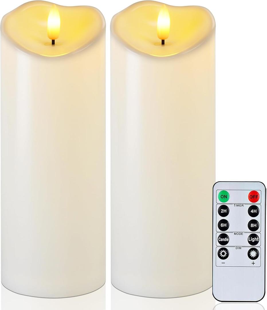 Raycare 8"x3" Outdoor Waterproof Flameless Candles, Battery Operated LED Candles with Remote Control and Timer, Electric Fake Plastic Pillar Candles, Ivory White, Set of 2