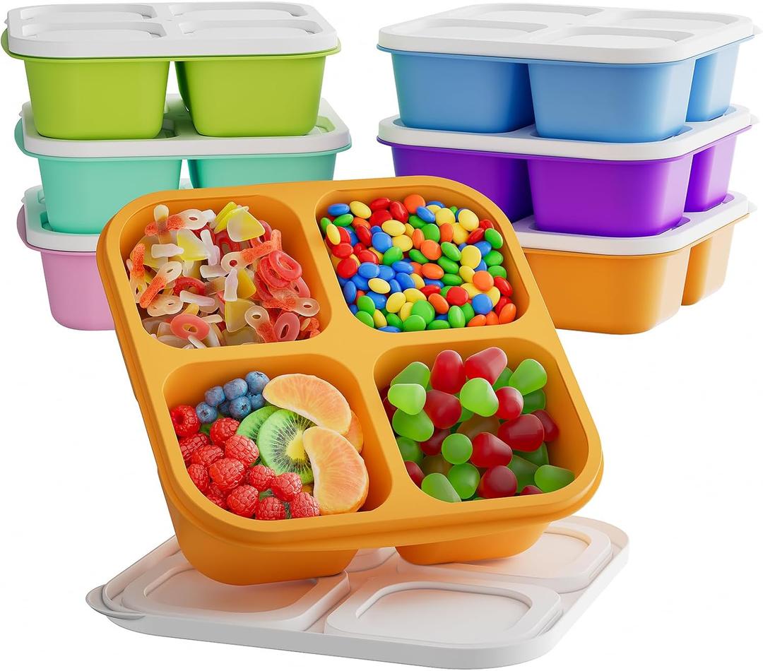KEMETHY 6 Pcs Bento Snack Containers, Reusable 4 Compartment Food Storage Container with Lids, Divided Lunchable Container, Freezer, Microwave & Dishwasher Safe (6 Color)