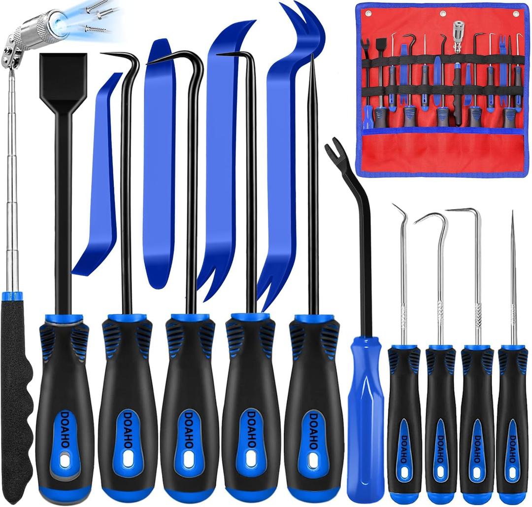 15 Pcs Automotive Hook and Pick Tool & Trim Removal Tool Set with Scraper, Magnetic Telescoping, Plastic Pry for Auto Engine Oil Seal O-Ring Repair, Car Interior Panel and Fastener Removal