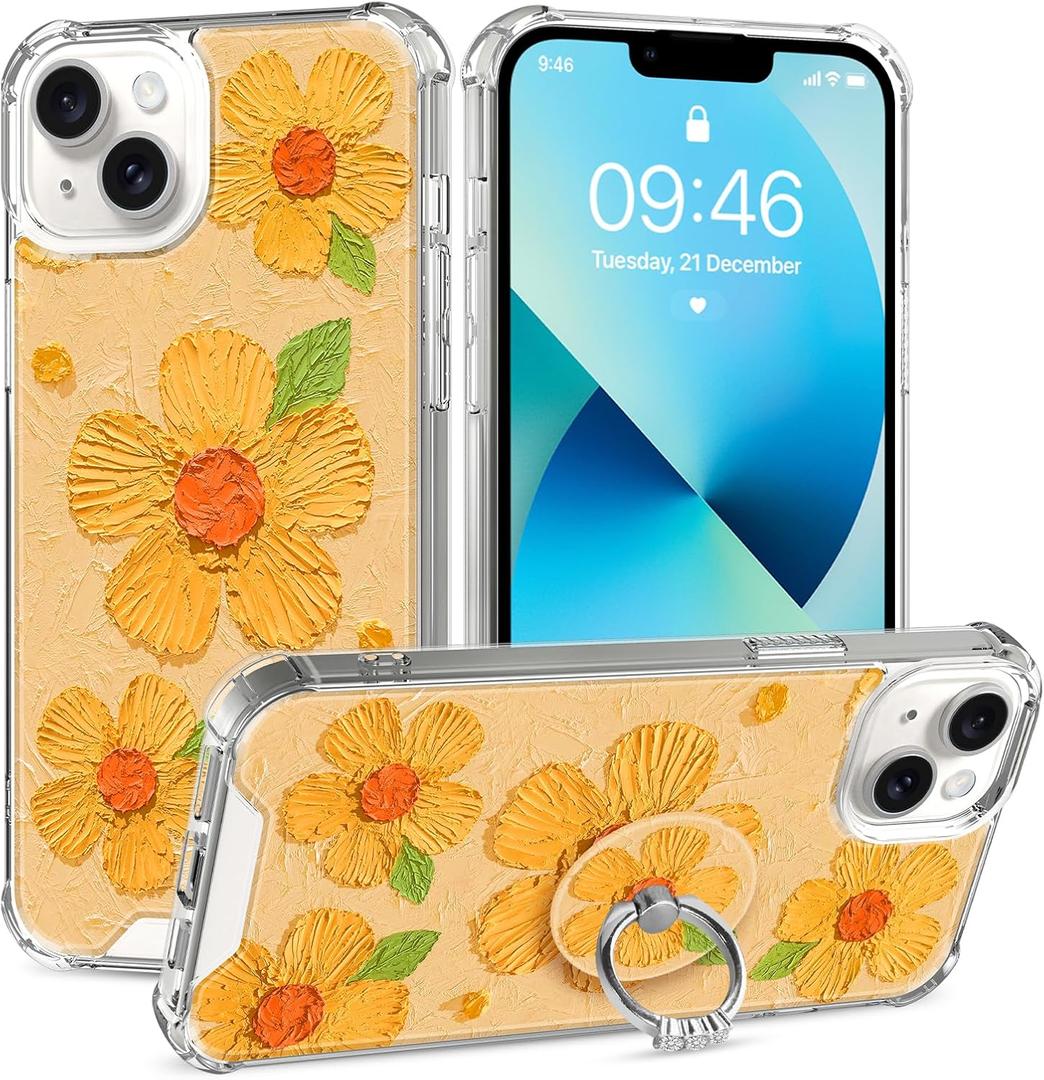 KANGHAR Flowers Phone Case for iPhone 13 Case with Ring Holder Stand for Women Girls, Cute Retro Oil Painting Printed Colorful Floral Pattern Protective Cover with Kickstand, Yellow & Orange
