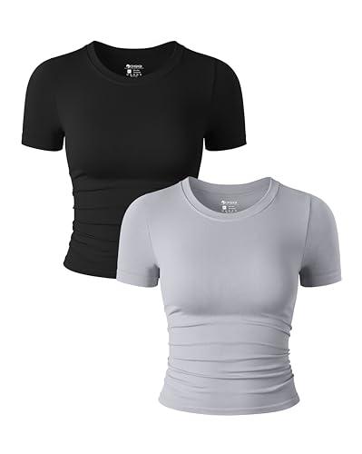 OQQ Womens 2 Piece Shirts Short Sleeve Crew Neck Ruched Stretch Fitted Tee Shirts Crop Tops Black Grey S