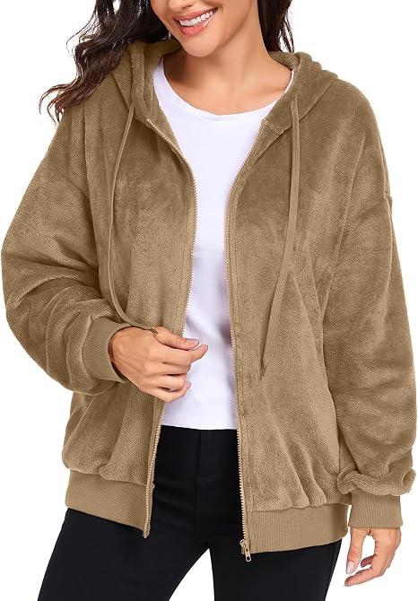 PrinStory Womens Flannel Long Sleeve Zip Up Hoodie with Pockets L