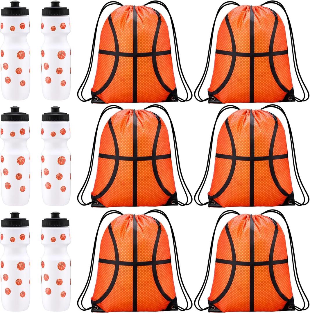 Talltalk 12 Pcs Basketball Party Favors 24 oz Basketball Water Bottle Gift for Team with Drawstring Bag Tumbler Cup Sports Themed Accessories for Event Gift Supplies