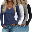 Riyiper 4 Pack Women's Deep V Neck T-Shirts, Long Sleeve Slim Fitted Tee Tops Casual Fall Basic Tee Shirts (Medium, Black, Gray, White, Haze Blue)