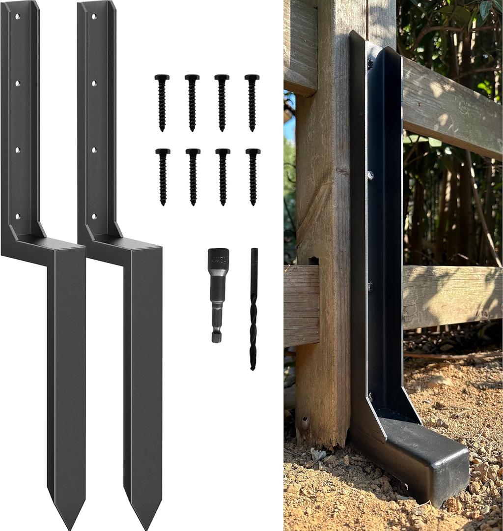 Fence Post Repair Kit - One-Piece Steel Anchor Stakes to Quick Fix Broken/Leaning 4x4/6x6 Wood Posts (Thickened 11-Gauge, 2-Pack)
