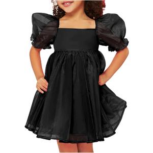 WDIRARA Toddler Girl's Mesh Tulle Dress Square Neck Puff Short Sleeve Ruffle Hem Birthday Party Cute A Line Midi Dress (Black, XS)