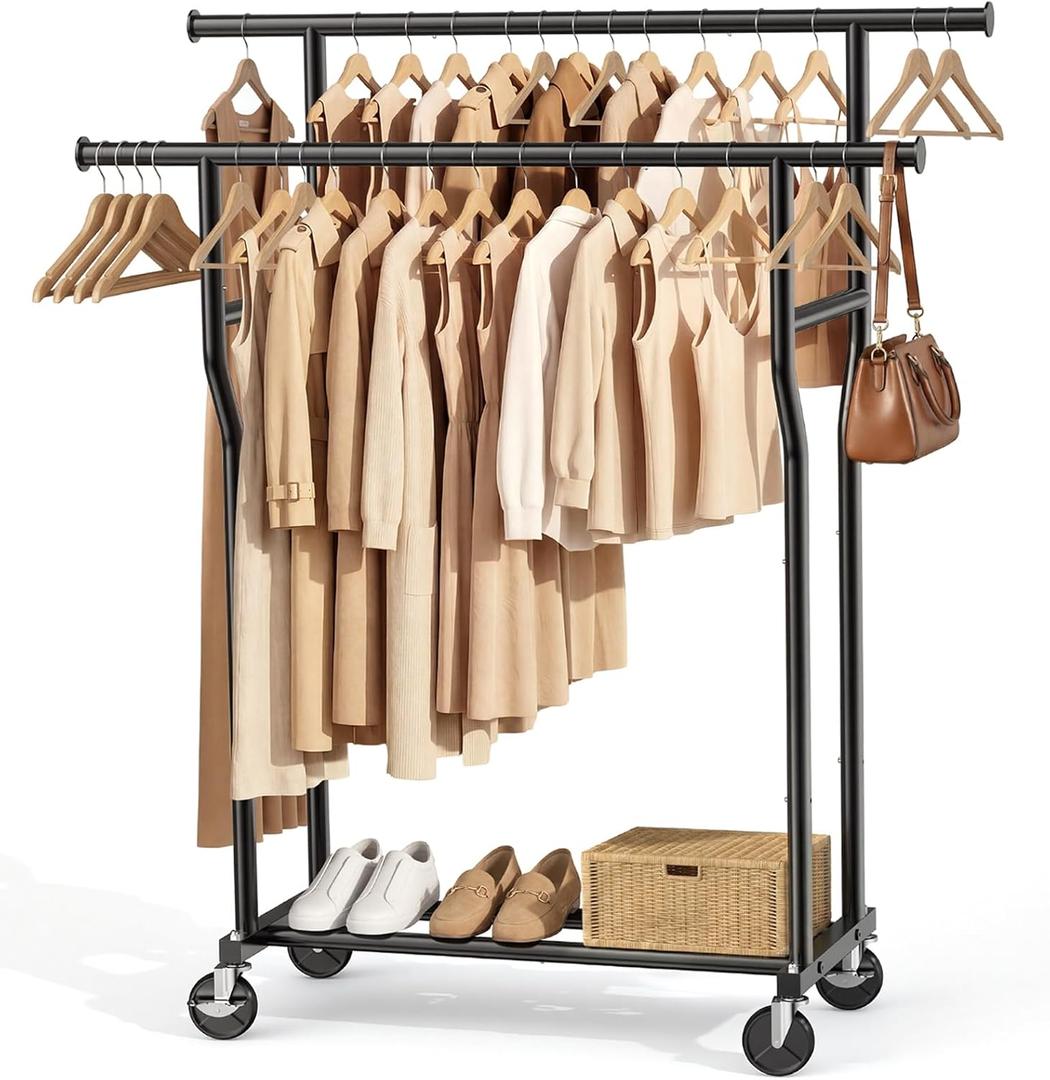 Clothes Rack, Double Rods Rolling Clothing Rack for Hanging Clothes Load 260 LBS Closet Rack with Wheels, Metal Portable Garment Rack for Bedroom Laundry Living Room, Black (No Mesh)