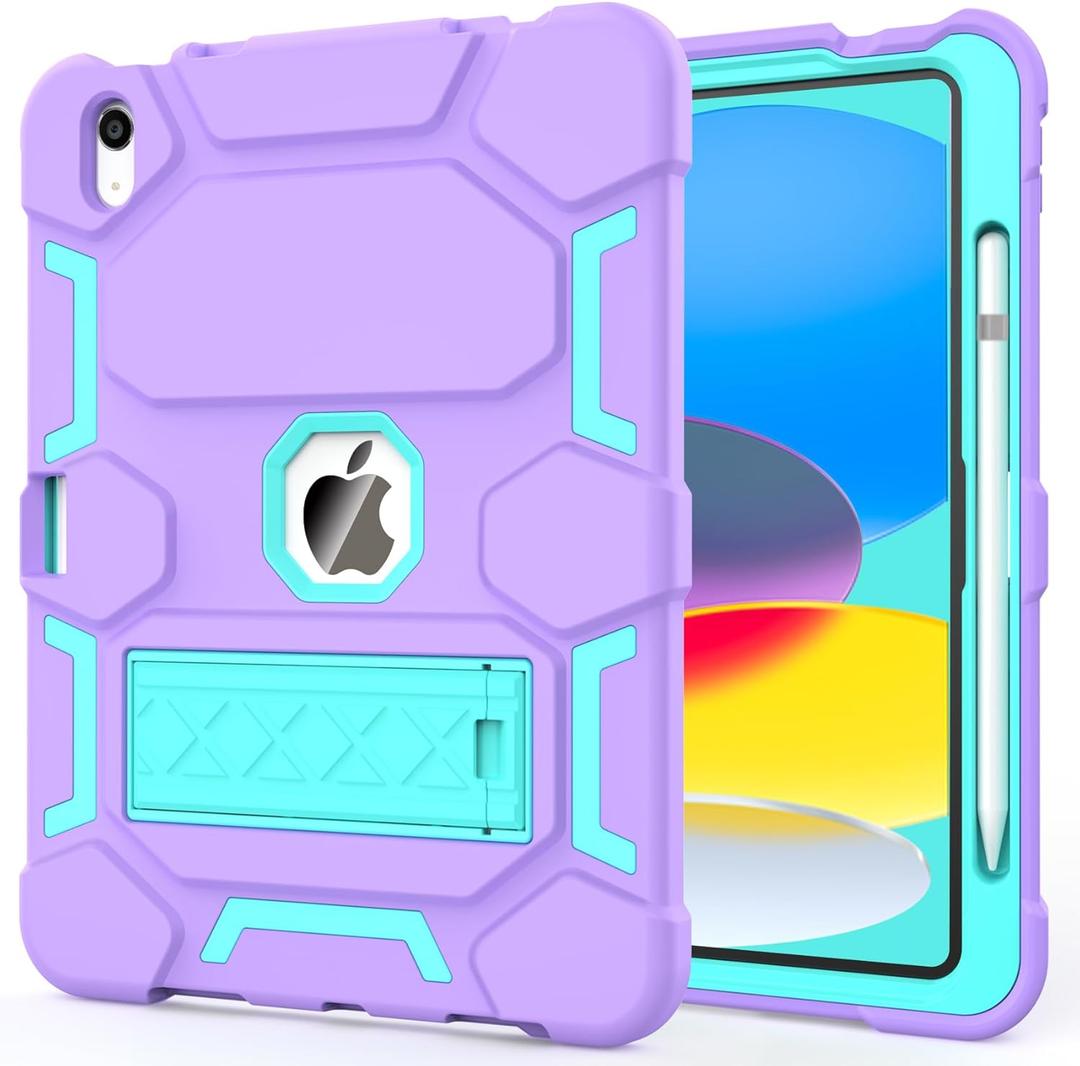 CCMAO Case for iPad A16 11th Generation (2025) 11 Inch / 10th Generation (2022) 10.9 Inch, with Kickstand and Pencil Holder, Fully-Body Rugged Heavy Duty Shockproof Protective Case, Purple+Green