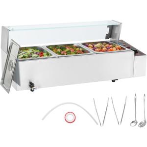 VEVOR 3-Pan Commercial Food Warmer, 3 x 8QT Electric Steam Table with Glass Cover, 1500W Countertop Stainless Steel Buffet Bain Marie 86-185F Temp Control for Catering, Restaurants, Silver