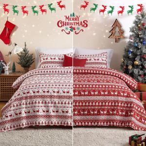 CAROMIO Christmas Quilt Set King Size - Boho Reversible Bedspread Coverlet Set with Christmas Tree Reindeer Snowflakes Printed Pattern, Soft Lightweight Bohemian Quilt Bedding Cover Set King (King (104"x96"), White&red)