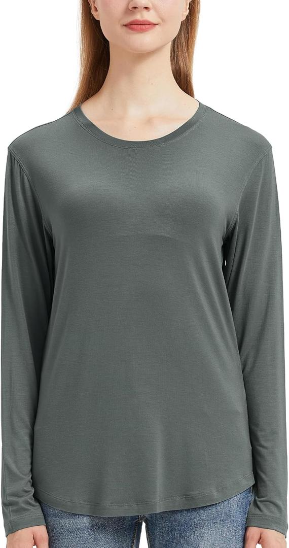 Netdraw Women's Lightweight Bamboo Viscose T-Shirt Buttery Soft Curved Hem Long Sleeve Sleep Lounge Pajama Tops (Large)