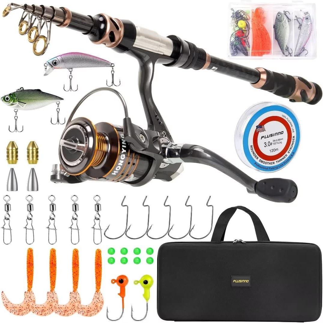 PLUSINNO Fishing Rod and Reel Combos - Carbon Fiber Telescopic Fishing Pole - Spinning Reel 12 +1 Shielded Bearings Stainless Steel BB (Full Kit with Carrier Case)