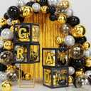 Graduation Party Decoration Class of 2025, 86PCS Black & Gold Graduation Party Supplies High School College Grad Balloon Boxes with Letter, Foil Curtains, LED String Light, Balloon Garland Kit
